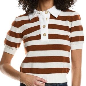 Frame Denim Size M Brown White The Bold Striped Cashmere Blend Polo Knit Sweater